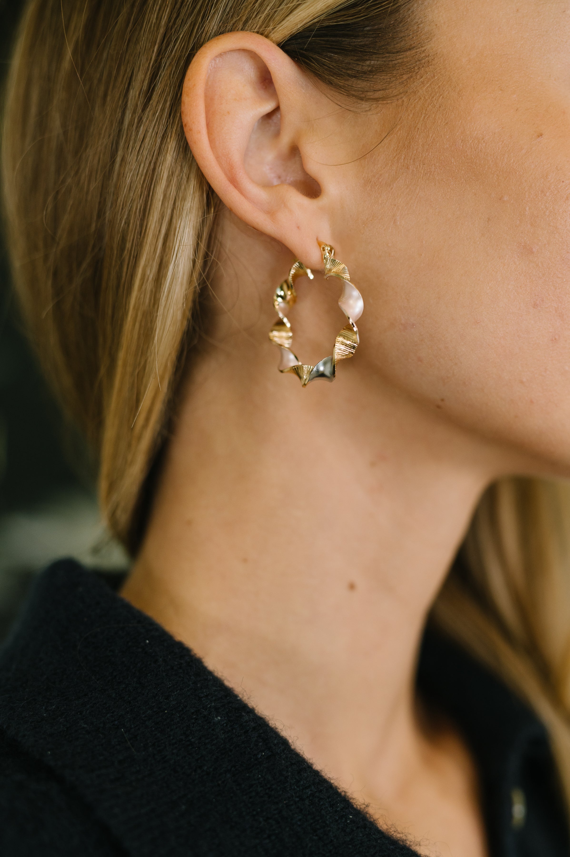 Twisted gold hoops, gold plated earrings, lightweight hoop earrings, chunky gold hoops, textured gold earrings, hinge closure hoops, affordable luxury jewelry, Twisted Sisters jewelry, gold hoops for women, everyday glam earrings.