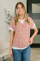 Tomato Red Top, Relaxed Knit Top, Floral Loungewear, Textured Knit Shirt, Women's Casual Top, Effortless Style, Comfortable Work From Home Clothes, Red Floral Tee