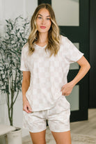 checkered lounge set, two piece set women, jersey knit loungewear, high waisted shorts set, v-neck top and shorts, comfortable pajama set, trendy loungewear, women's coord set