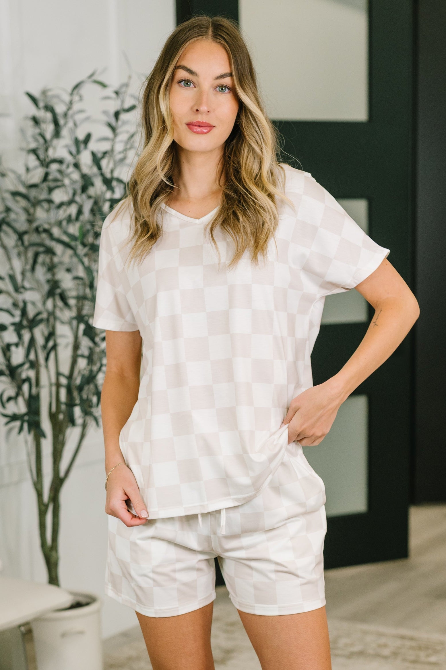 checkered lounge set, two piece set women, jersey knit loungewear, high waisted shorts set, v-neck top and shorts, comfortable pajama set, trendy loungewear, women's coord set