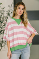 French terry top, striped relaxed shirt, cable knit trim, women's casual fashion, oversized short sleeve top, boutique apparel, comfortable striped top, What's a Girl to Do top.
