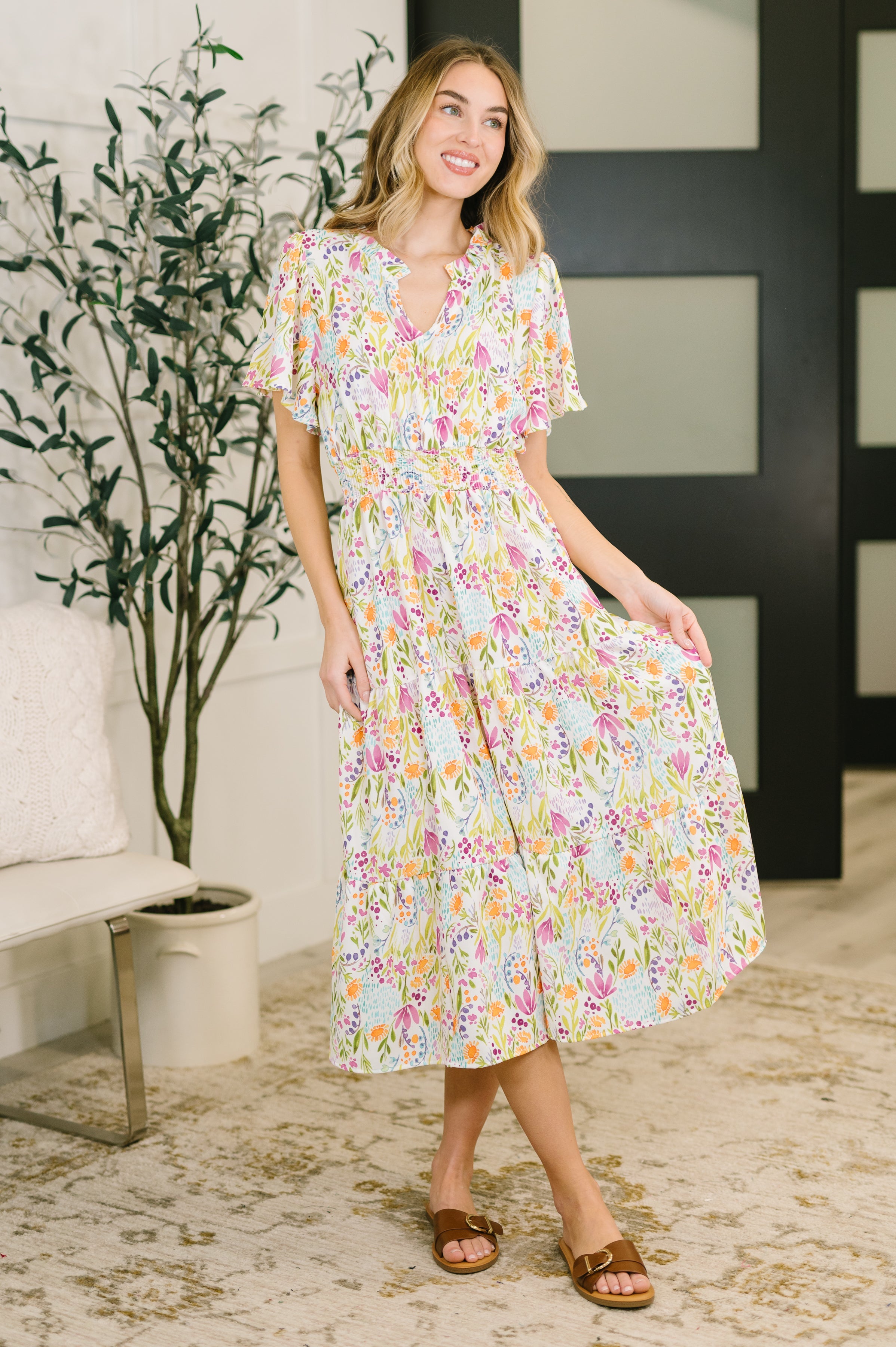 Floral Midi Dress, Smocked Waist Dress, Notch Neck Ruffle Dress, Women's Dress with Pockets, Tiered Knit Dress, Bohemian Floral Print, Effortless Day-to-Night Style