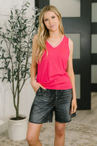 hot pink tank top, ribbed v-neck tank, embroidered trim top, women's pink layering tank, stretch knit tank, fuchsia v-neck shirt, chic summer tank, Fabknits tank