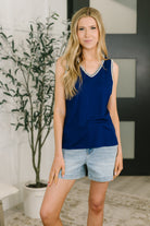 Navy tank top, ribbed knit tank, V-neck sleeveless top, embroidered trim shirt, women's navy basics, high stretch tank, breathable summer top, layering tank top.