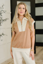 woman color block half zip  scuba knit top