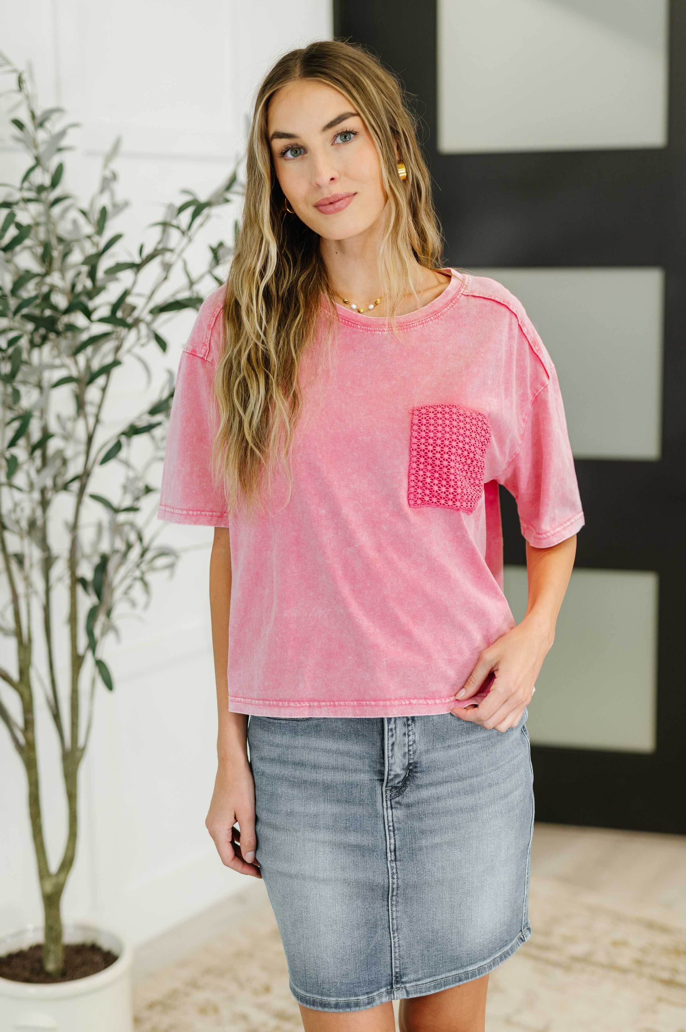 Women’s Crochet Pocket Tee, 100% Cotton T-Shirt, Boho Pink Top, Relaxed Fit Jersey Shirt, Drop Shoulder Tee, Whimsical Fashion, Mineral Wash Style Top, Comfortable Cotton Basics