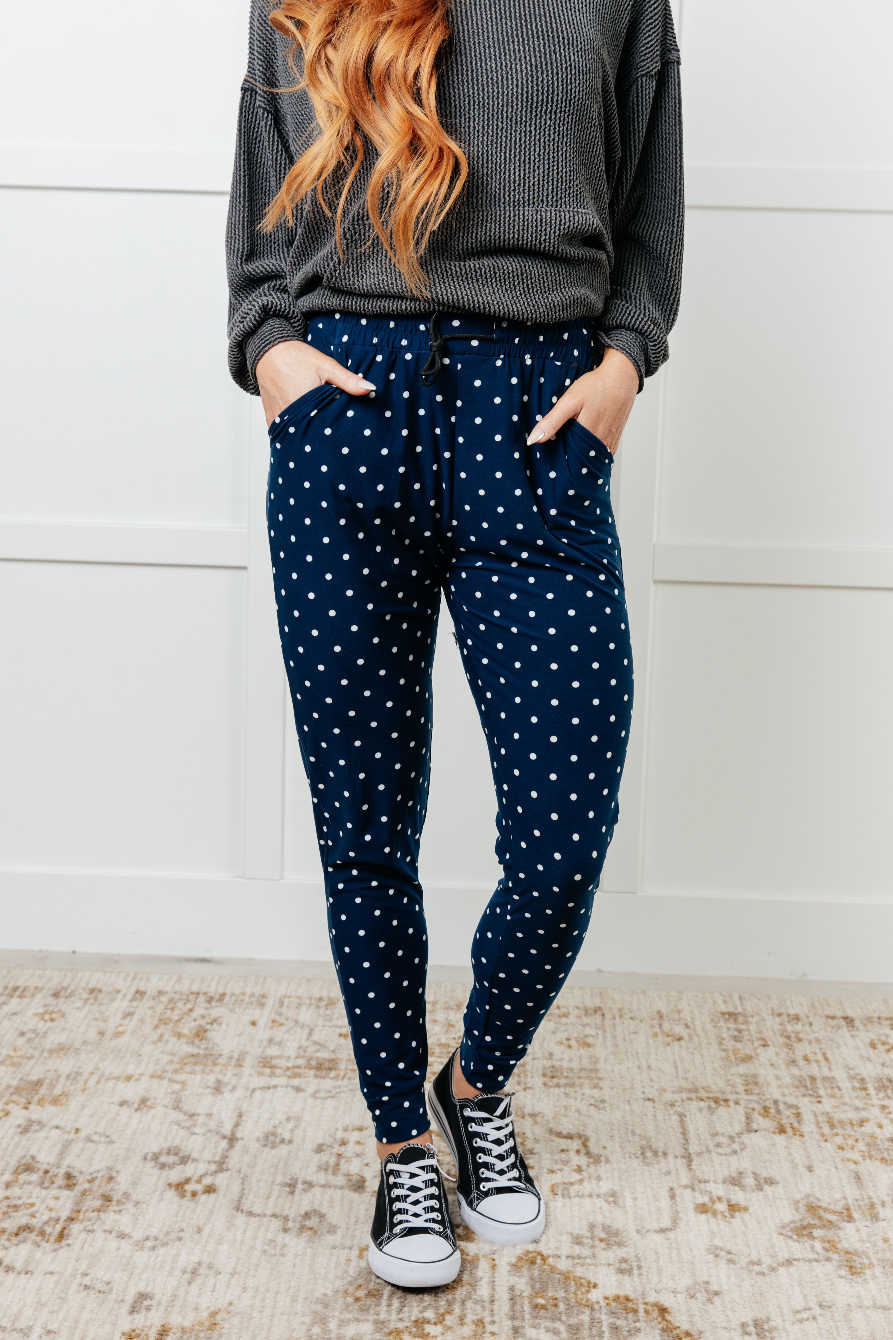 Polka dot joggers, women's lounge pants, buttery soft joggers, navy polka dot pants, joggers with pockets, microfiber sweatpants, comfortable loungewear, patterned joggers for women, FabKnits joggers.