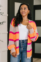 striped cardigan, women's knit sweater, open front cardigan, colorful striped sweater, lightweight knitwear, drop shoulder cardigan, casual layering piece, boutique knitwear