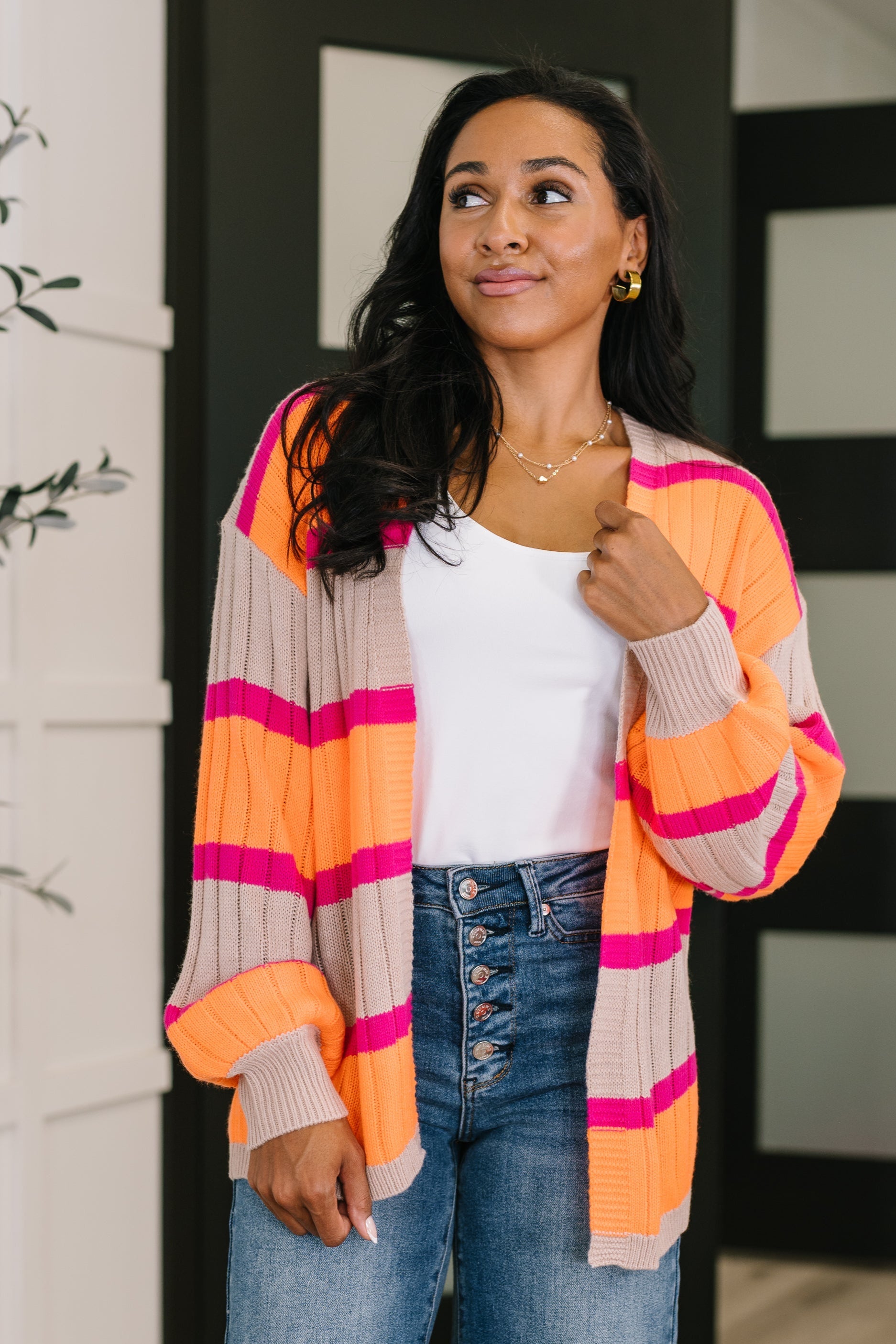 striped cardigan, women's knit sweater, open front cardigan, colorful striped sweater, lightweight knitwear, drop shoulder cardigan, casual layering piece, boutique knitwear