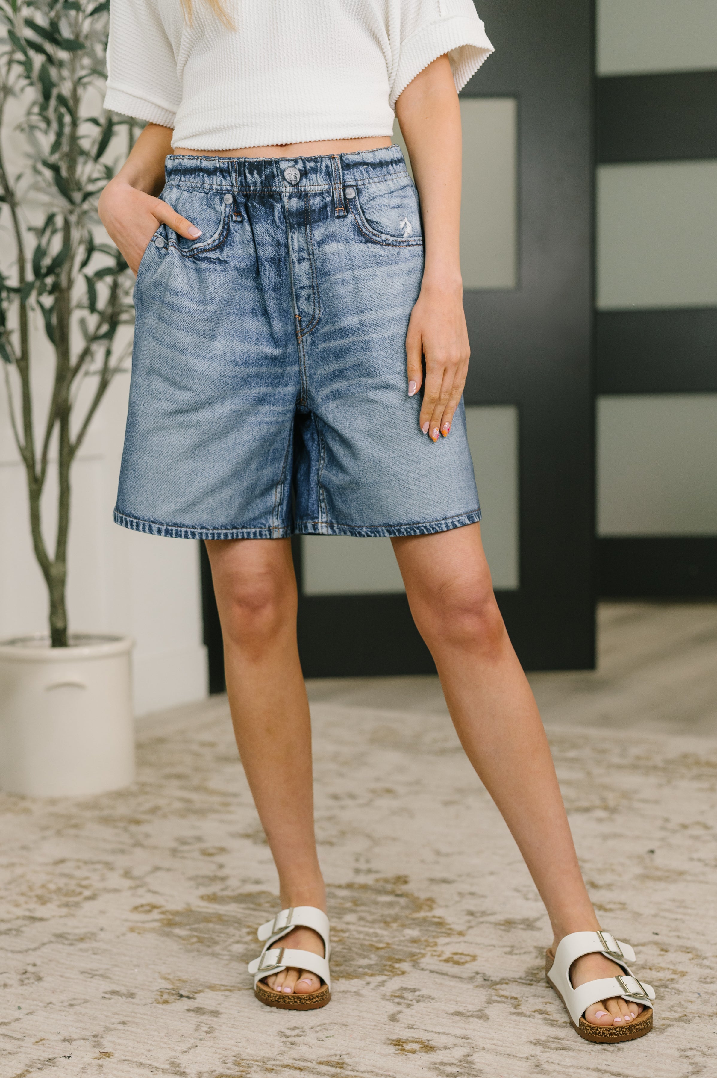 Zenim shorts, high waisted denim shorts, French terry shorts, elastic waist shorts, stretchy denim look, women’s casual shorts, printed denim shorts, comfortable summer shorts.