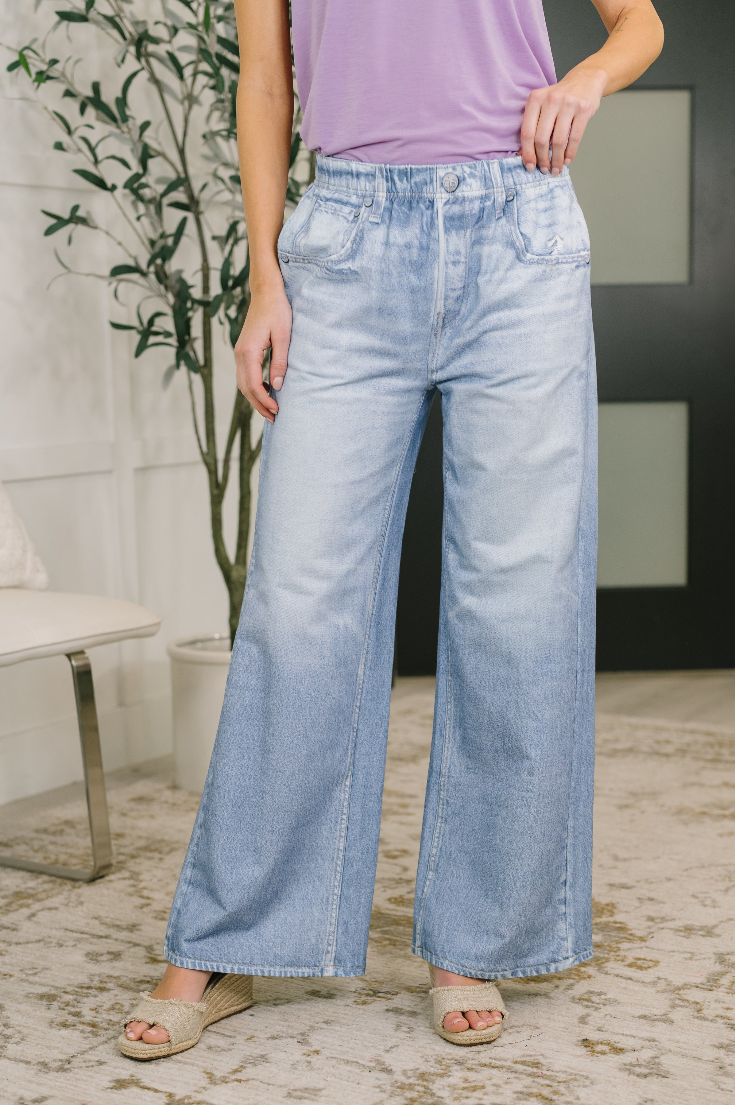 Wide leg knit pants, denim print trousers, light wash stretch bottoms, high waisted lounge pants, Zenim wide leg, comfortable women's pants, trompe l'oeil denim.