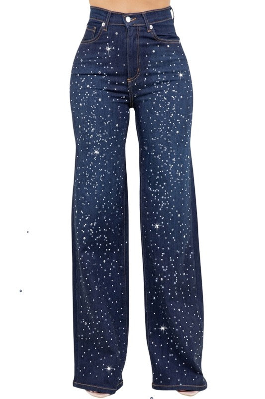 Rhinestone jeans, high waisted wide leg jeans, sparkle denim, festival outfit, Made in USA jeans, stretch denim, retro wide leg, luxury denim, Olivia jeans.