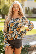 Luxury floral top, designer off-shoulder blouse, bell sleeve peplum, high-end bohemian fashion, smocked floral blouse, premium women's tops, boutique floral apparel.