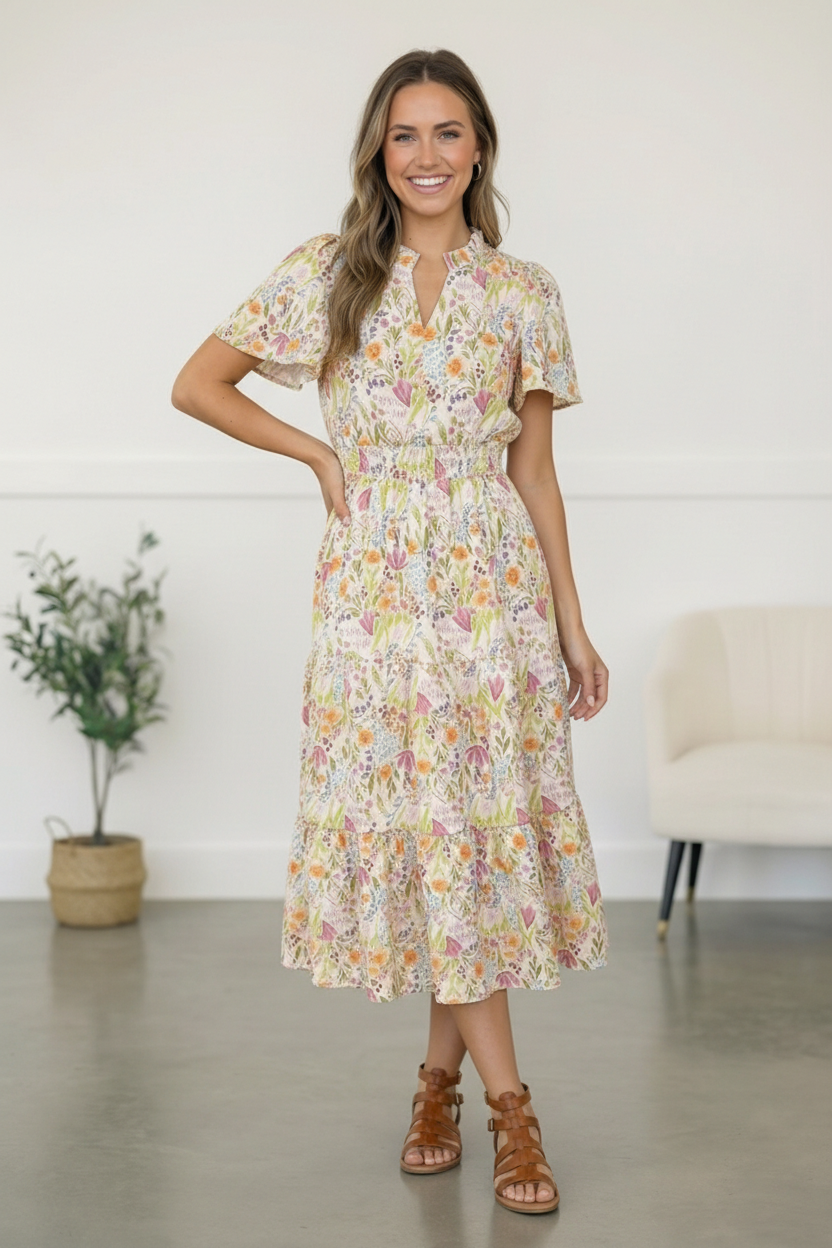 floral midi dress, smocked waist dress, summer garden party dress, flutter sleeve midi, tiered floral dress, women's vacation dresses, midi dress with pockets, lightweight summer dress