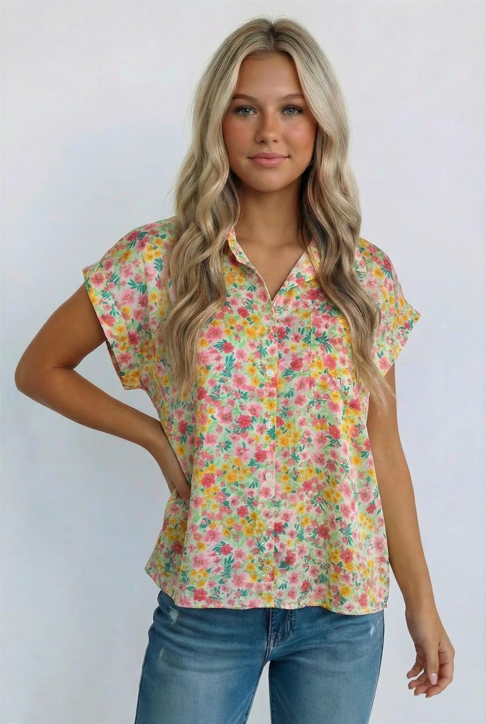 floral button down, cap sleeve top, summer floral blouse, relaxed fit top, women's garden print shirt, breezy summer top, colorful floral shirt, women's casual blouse