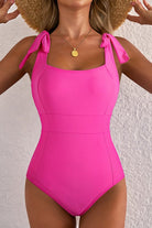 Square neck swimsuit, tie shoulder one piece, open back swimwear, pink monokini, elegant bathing suit, women's luxury swimwear, beach fashion 2024, slimming one piece.