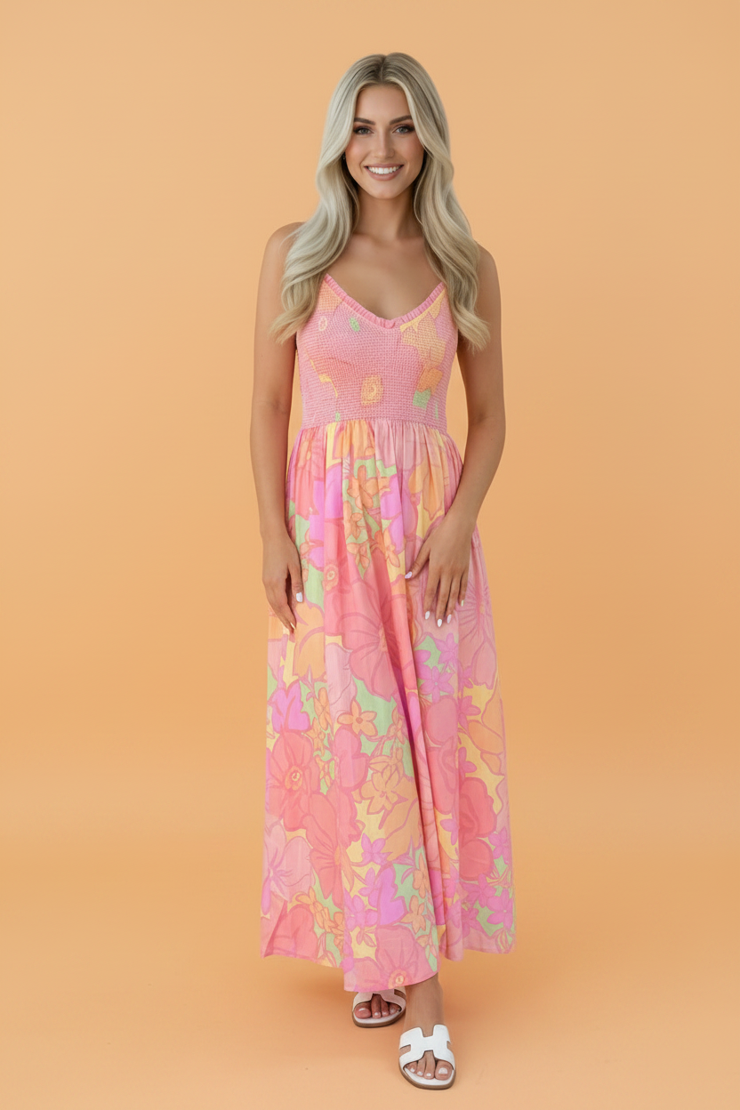 floral maxi dress, smocked summer dress, high waist floral dress, summer dress with pockets, pink floral sun dress, shirred bodice maxi, garden party outfit, cotton floral dress