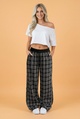 Plaid wide leg pants, drawstring lounge pants, women's plaid trousers, cozy loungewear, contrast waist pants, Frenchy plaid pants, comfortable wide leg bottoms, boutique lounge pants