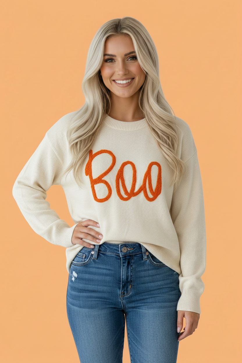 Halloween sweater, Boo knit sweater, women's fall fashion, oversized graphic sweater, cream Halloween top, cute spooky clothes, drop shoulder knit, autumn layering piece.