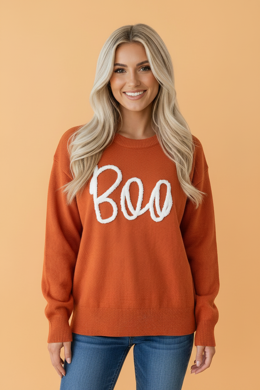 Cozy "Boo" Oversized Halloween Knit Sweater – Cream & Orange