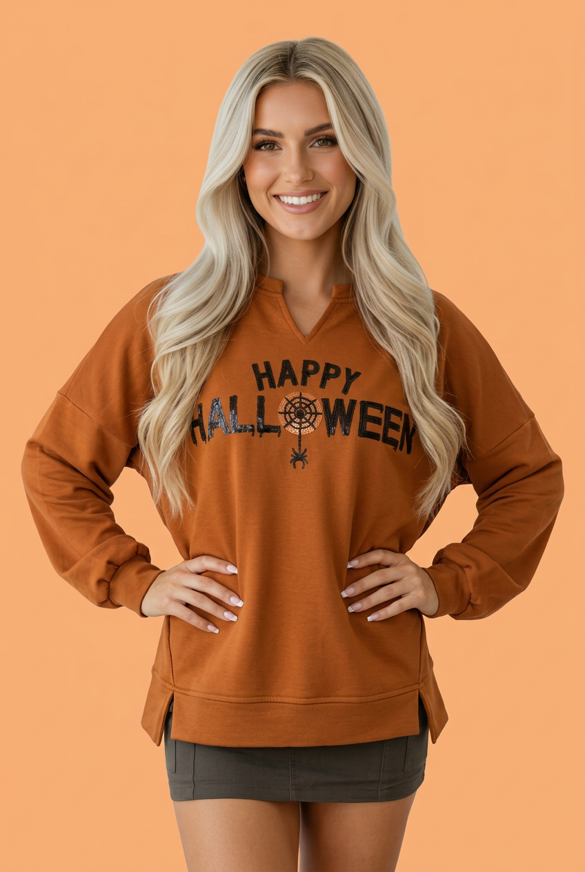 Halloween top, sequin graphic sweatshirt, women’s fall fashion, Halloween sparkle shirt, orange long sleeve top, notched neck sweatshirt, festive boutique apparel, pumpkin spice outfit.