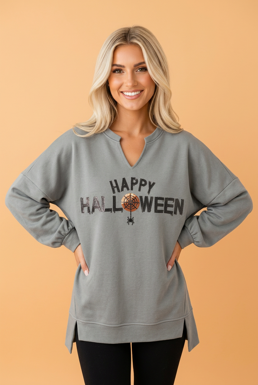 Happy Halloween Sequin Graphic Sweatshirt – Relaxed Notched V-Neck Top