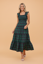 plaid midi dress, shirred bodice dress, tiered ruffle dress, sleeveless plaid dress, cottagecore style, square neck midi, vintage inspired dress, green plaid dress