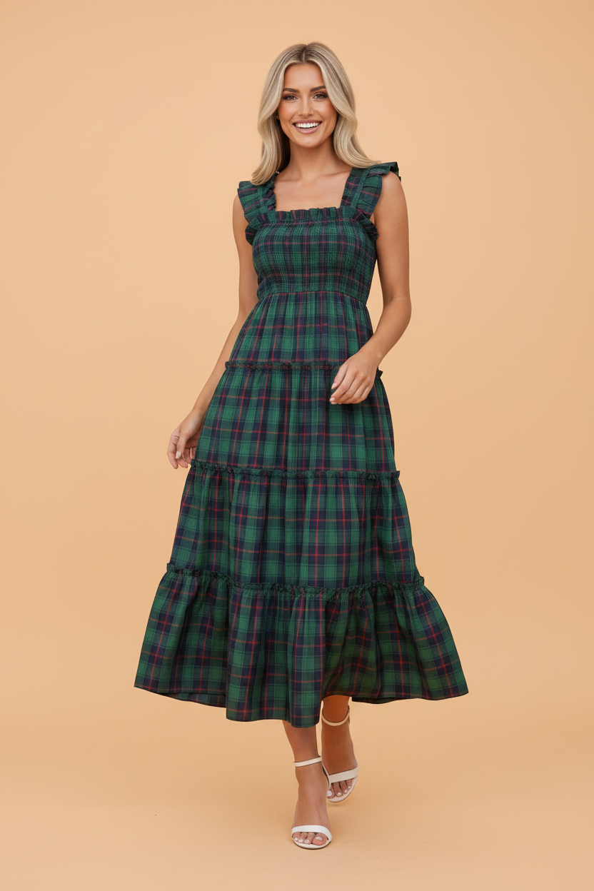 plaid midi dress, shirred bodice dress, tiered ruffle dress, sleeveless plaid dress, cottagecore style, square neck midi, vintage inspired dress, green plaid dress