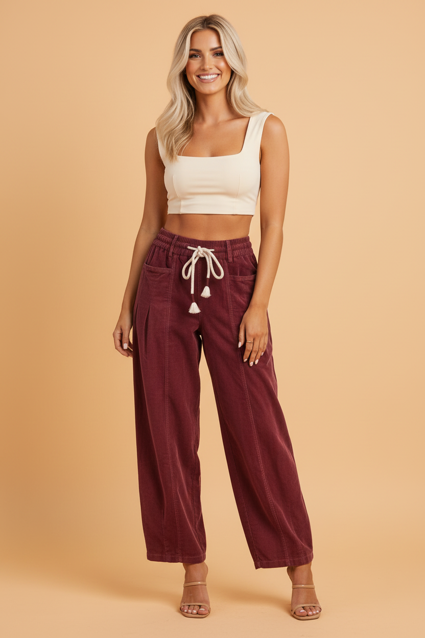 Corduroy pants, drawstring waist trousers, women's pleated pants, straight leg corduroy, high-waisted casual pants, comfortable office wear, cozy autumn fashion, relaxed fit trousers.