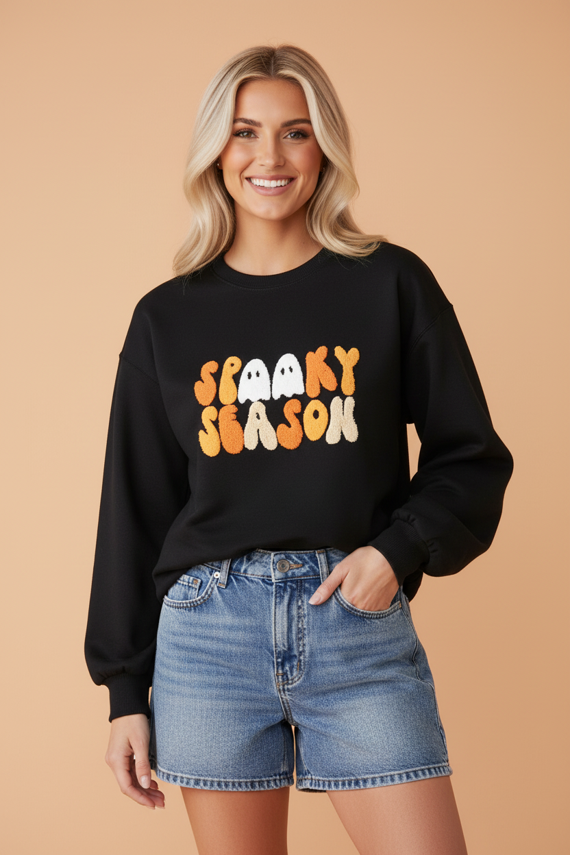 Halloween sweatshirt, Spooky Season sweater, ghost embroidery, black fall pullover, autumn aesthetic clothing, festive women's tops, cozy Halloween apparel.