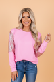 Sequin sleeve sweater, pink pullover, women’s sparkle top, long sleeve sequin sweater, cotton blend pullover, casual glam fashion, fall transition top, boutique knitwear.