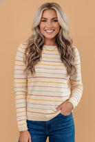 striped sweater, women's knitwear, crew neck pullover, multi-color stripe top, soft knit sweater, casual chic fashion, everyday knitwear