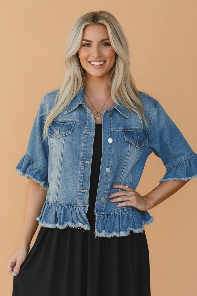 short sleeve denim jacket, ruffle hem denim, western style jacket, boho denim outerwear, raw edge denim, women’s summer layering, distressed denim jacket, feminine western wear