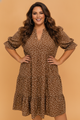 Plus size dress, polka dot mini dress, V-neck shift dress, curvy fashion, tiered mini dress, boutique plus size clothing, 3/4 sleeve dress, effortless elegance.
