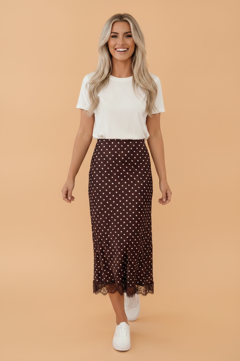 polka dot midi skirt, lace hem skirt, brown midi skirt, viscose skirt, women's spring fashion, elegant slip skirt, polka dot apparel, fall fashion trends.