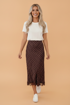 polka dot midi skirt, lace hem skirt, brown midi skirt, viscose skirt, women's spring fashion, elegant slip skirt, polka dot apparel, fall fashion trends.