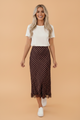 polka dot midi skirt, lace hem skirt, brown midi skirt, viscose skirt, women's spring fashion, elegant slip skirt, polka dot apparel, fall fashion trends.