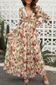 floral maxi dress, boho wedding guest dress, flounce sleeve gown, long sleeve floral dress, plunge neck maxi, bohemian style dress, spring vacation outfit, fall floral dress, frill trim dress, flowy maxi dress