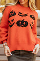 Halloween sweater, pumpkin knit, Jack-o'-lantern top, fall fashion, drop shoulder sweater, orange festive knit, women's Halloween apparel, spooky season outfit.