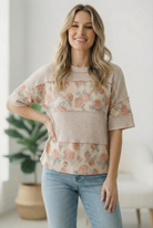 floral colorblock top, ribbed knit shirt, boutique women's clothing, linen blend top, casual floral blouse, exposed seam top, relaxed fit knit, feminine everyday style
