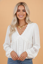 White lace blouse, floral guipure top, frilled V-neck blouse, boho chic top, long sleeve feminine blouse, elegant summer blouse, lightweight dressy top, FabKnits lace top.