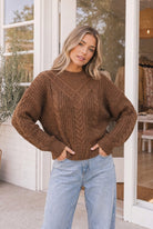 oversized sweater, cable knit sweater, mocha brown sweater, chunky knit, fall fashion, women's knitwear, brown crewneck sweater, cozy autumn tops