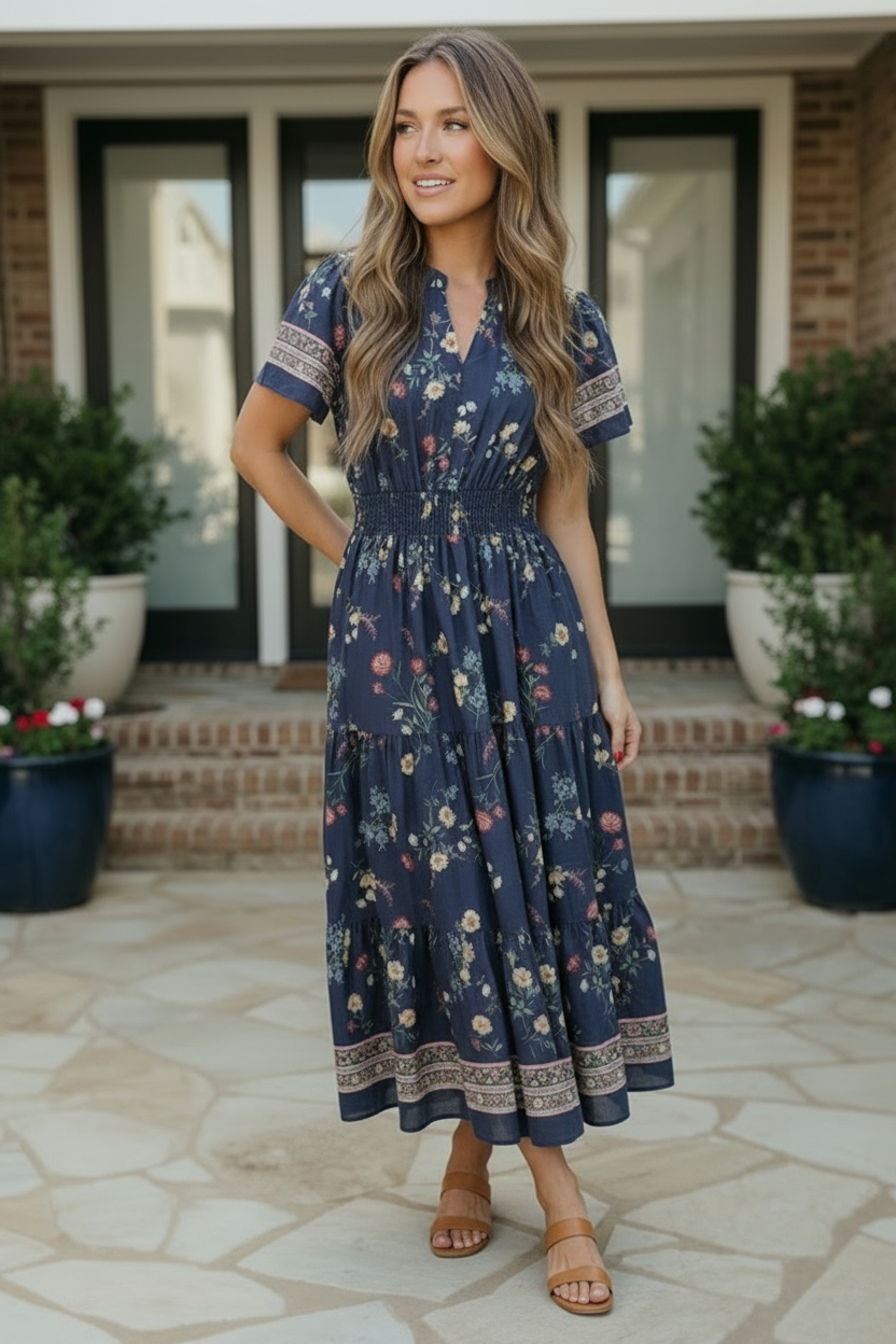 Navy floral midi dress, smocked waist dress, tiered floral midi, botanical print dress, midi dress with pockets, summer cottage style, women's flutter sleeve dress.