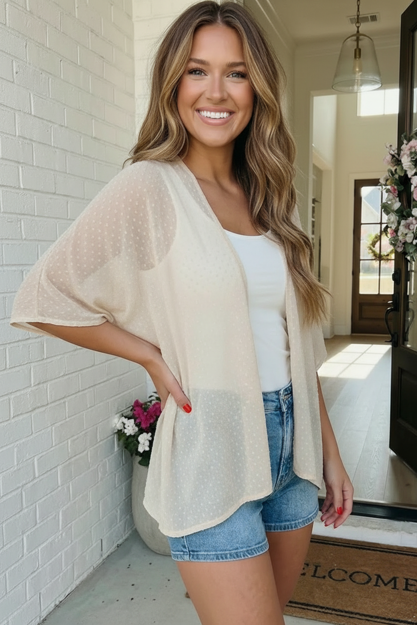 blush kimono, sheer cardigan, swiss dot top, lightweight wrap, womens boho layers, summer kimono, pink kimono cardigan, flowy outer layer