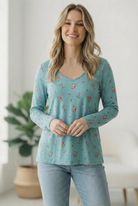 Floral Long Sleeve Top, Mint Green Floral Shirt, Twist Back Knit Top, Women’s V-Neck Floral Blouse, Feminine Casual Wear, Soft Knit Floral Top, Twist Back Keyhole Top.