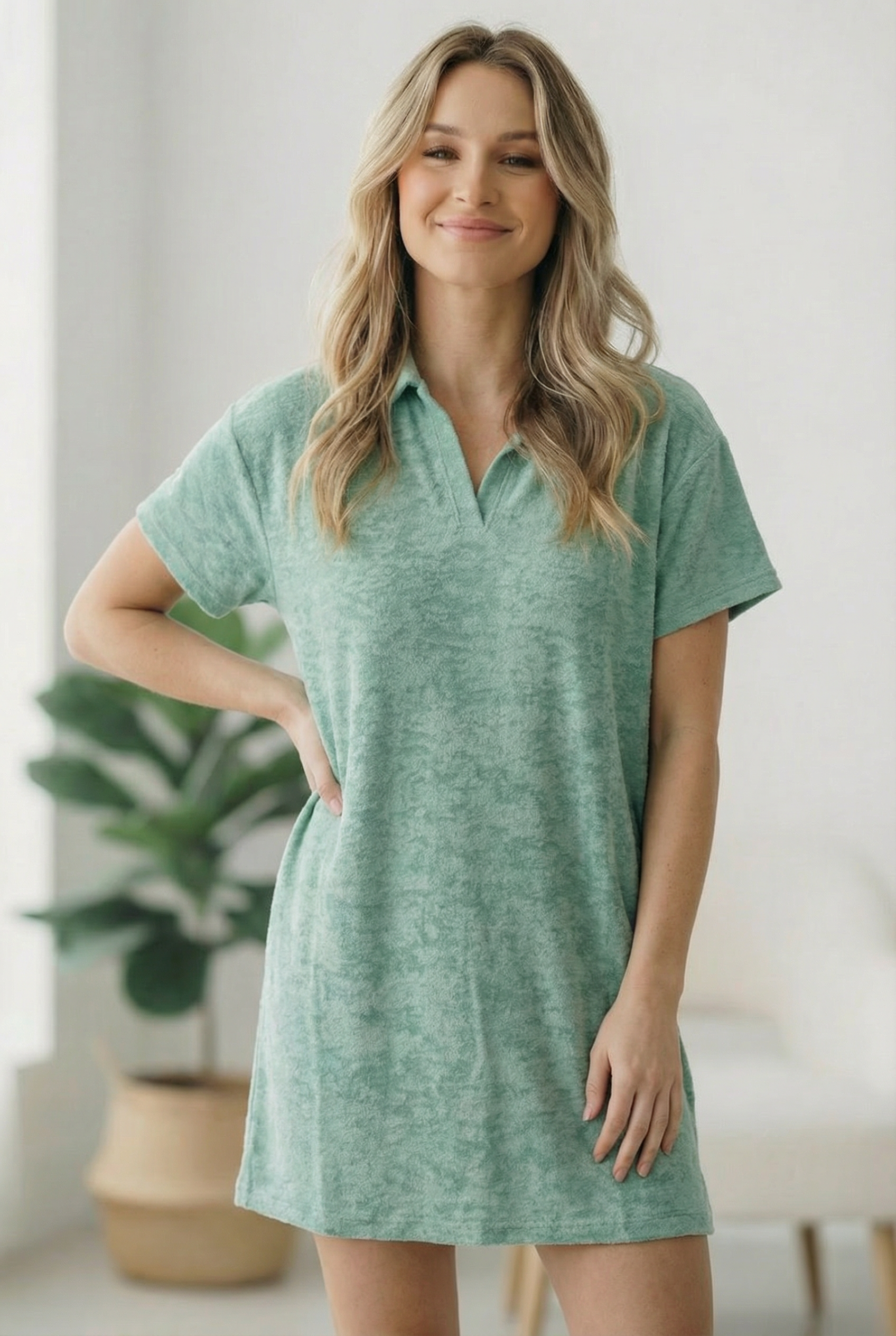 Sage green dress, terry lounge dress, collared tee dress, women's casual dress, lightweight summer dress, textured knit dress, V-neck lounge wear, comfortable day dress.
