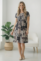 Patchwork floral dress, vintage style dress, boho short sleeve dress, earthy tone dress, comfortable smocked dress, women’s mosaic print dress, romantic everyday dress, stretchy floral midi.