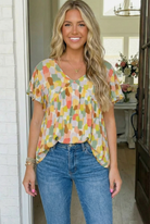 abstract print top, green babydoll blouse, flutter sleeve shirt, women's boho tops, sage green blouse, artistic print clothing, lightweight summer tops, earth tone fashion
