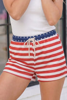 patriotic shorts, 4th of July apparel, Americana drawstring shorts, stars and stripes clothing, women’s summer festive wear, red white and blue shorts, beach cookout outfit