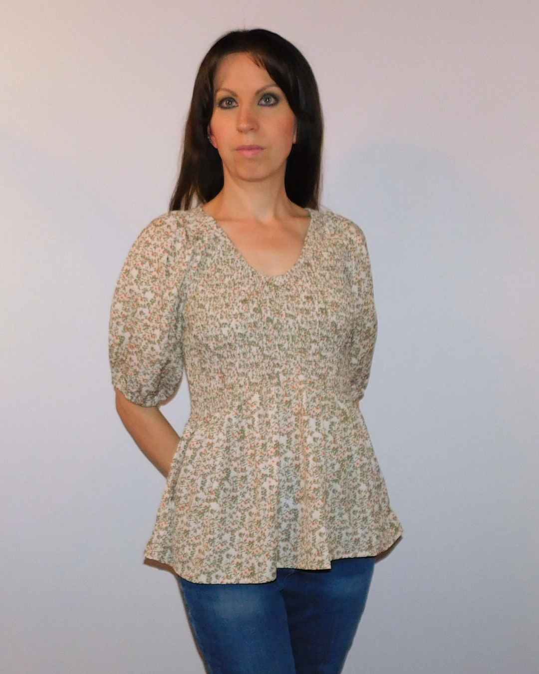 Floral peplum top, smocked v-neck blouse, puff sleeve floral shirt, women's spring fashion, smocked waist top, floral print blouse, puff sleeve peplum, dressy casual tops.